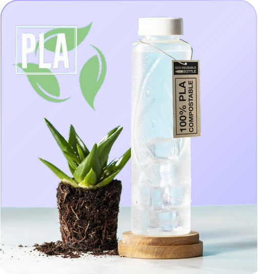 Biodegradable plastic water bottle made from corn-based PLA, an eco-friendly alternative that breaks down naturally and reduces plastic pollution