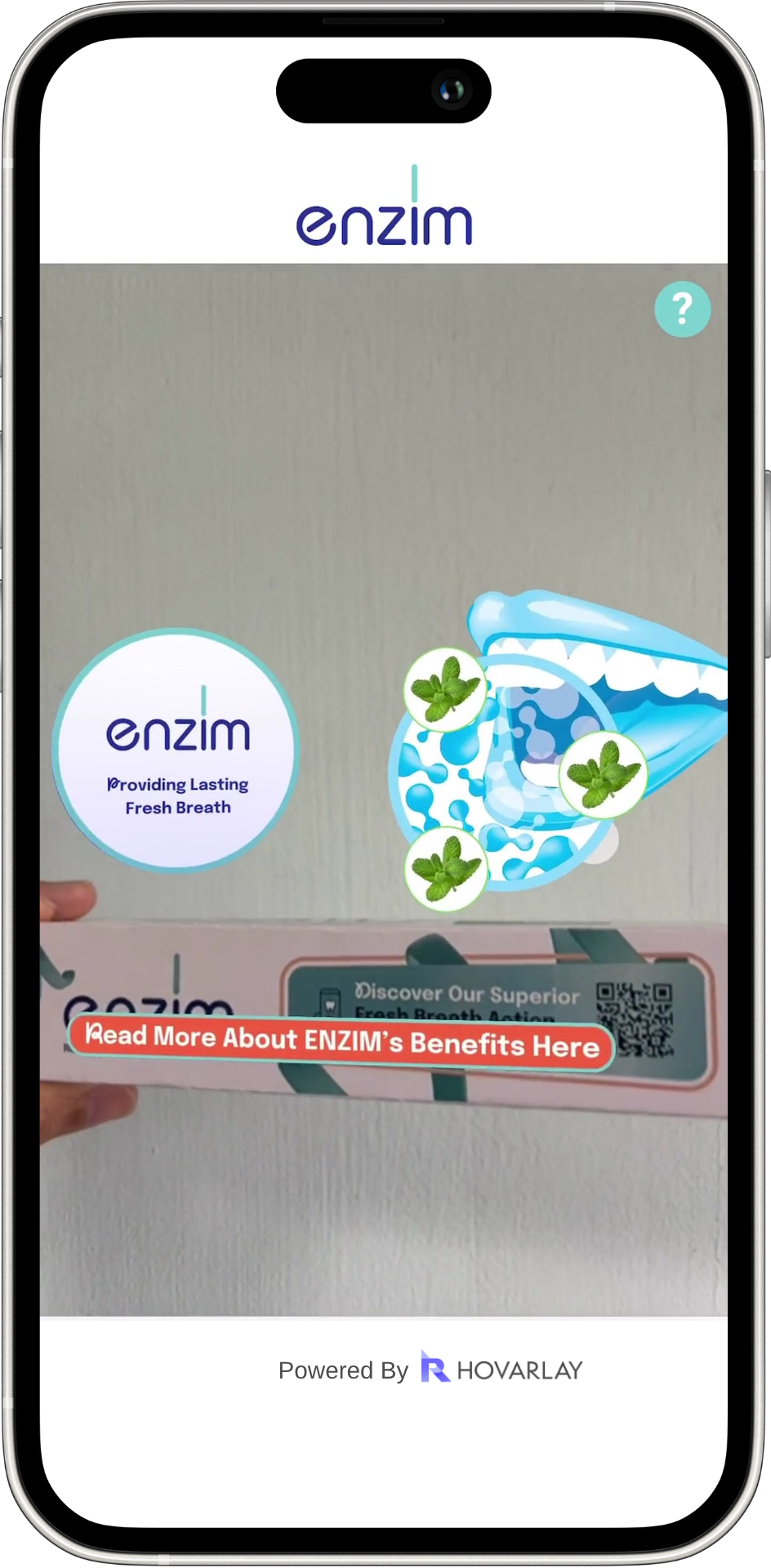 Three smartphone screens displaying an augmented reality (AR) experience by Enzim, featuring floating toothpaste graphics, brand information, and animated elements, powered by HOVARLAY.