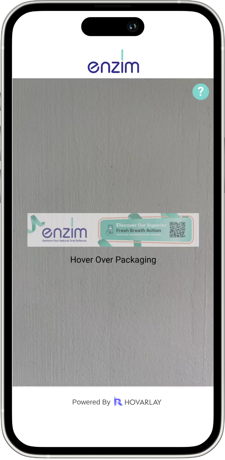 Three smartphone screens displaying an augmented reality (AR) experience by Enzim, featuring floating toothpaste graphics, brand information, and animated elements, powered by HOVARLAY.