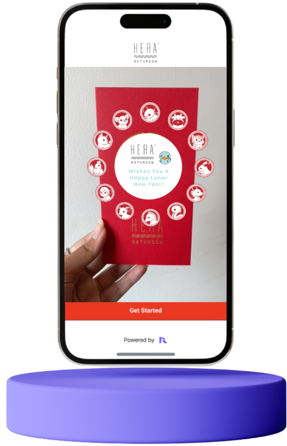 A smartphone displaying an interactive red packet design by HERA Bathroom for Lunar New Year, featuring circular zodiac icons and a 'Get Started' button on screen.