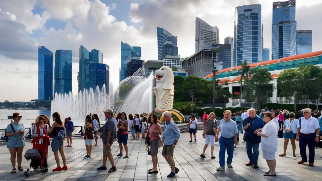 Singapore many tourists on the marina bay waterfront