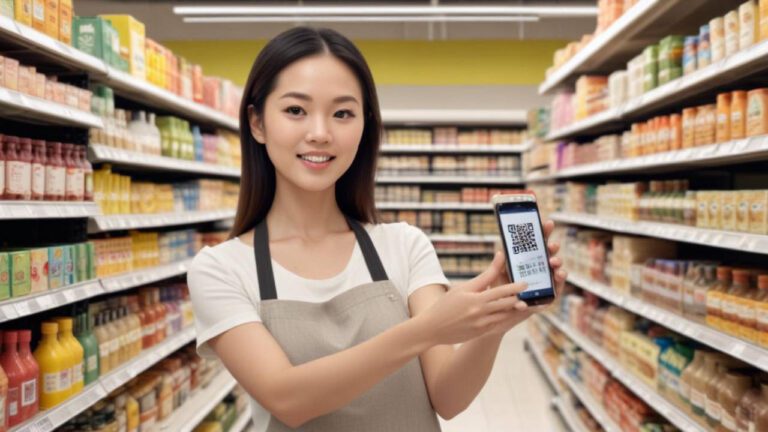 Smiling woman in an apron holds up a smartphone displaying a QR code in a grocery store aisle.