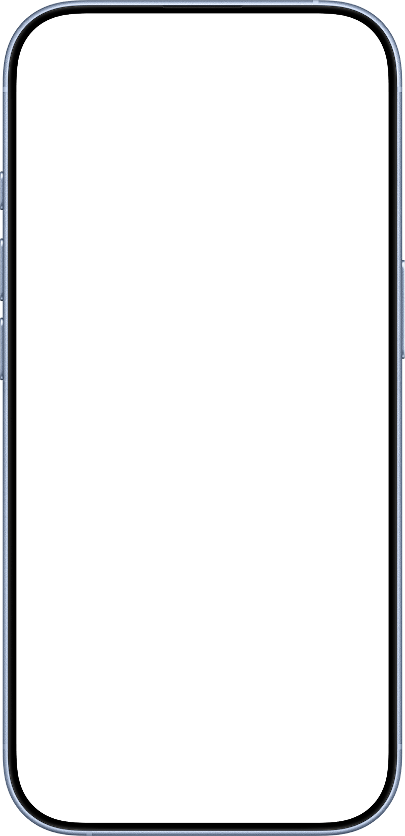 Close-up of a modern smartphone with a blue-gray rounded bezel and a black blank screen.