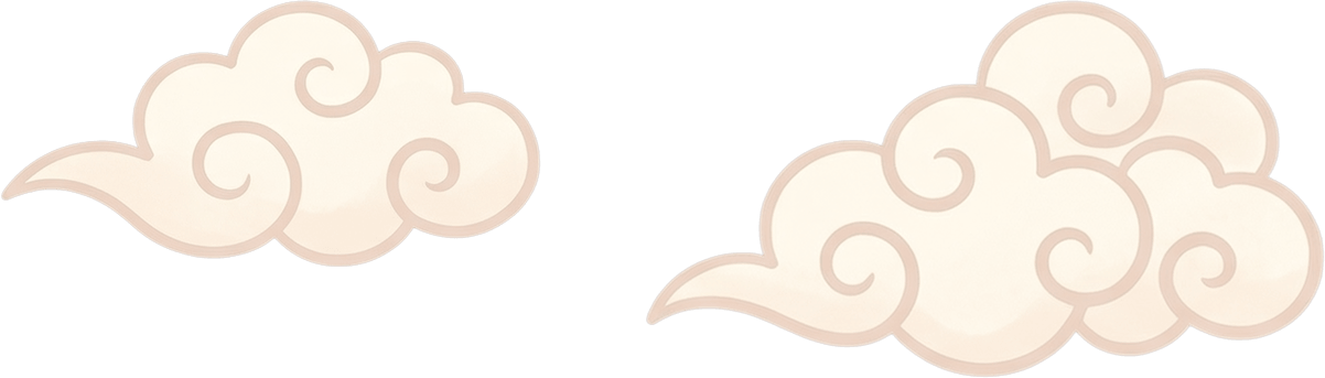 Two stylized beige clouds with brown outlines and swirl patterns on a black background, decorative illustration