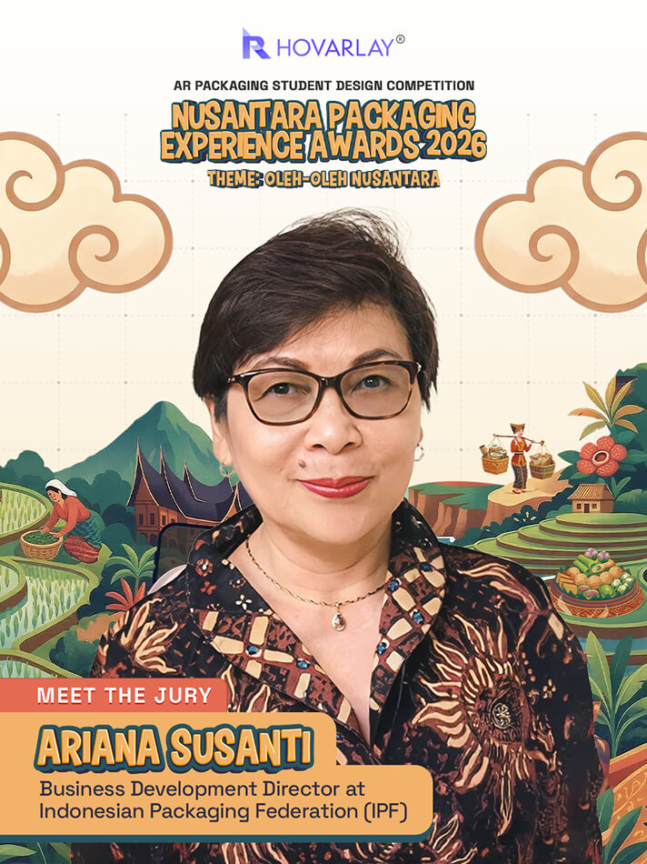 Portrait of Ariana Susanti, IPF Business Development Director, on a Nusantara Packaging Experience Awards 2026 poster with decorative clouds and illustrated landscape in the background.