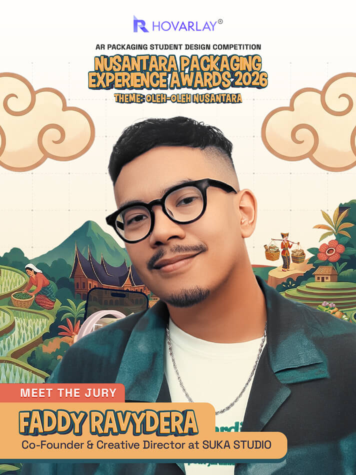 Poster for Nusantara Packaging Experience Awards 2026 featuring FADDY RAVYDERA, Co-Founder & Creative Director at Suka Studio, with a 'Meet the Jury' banner.