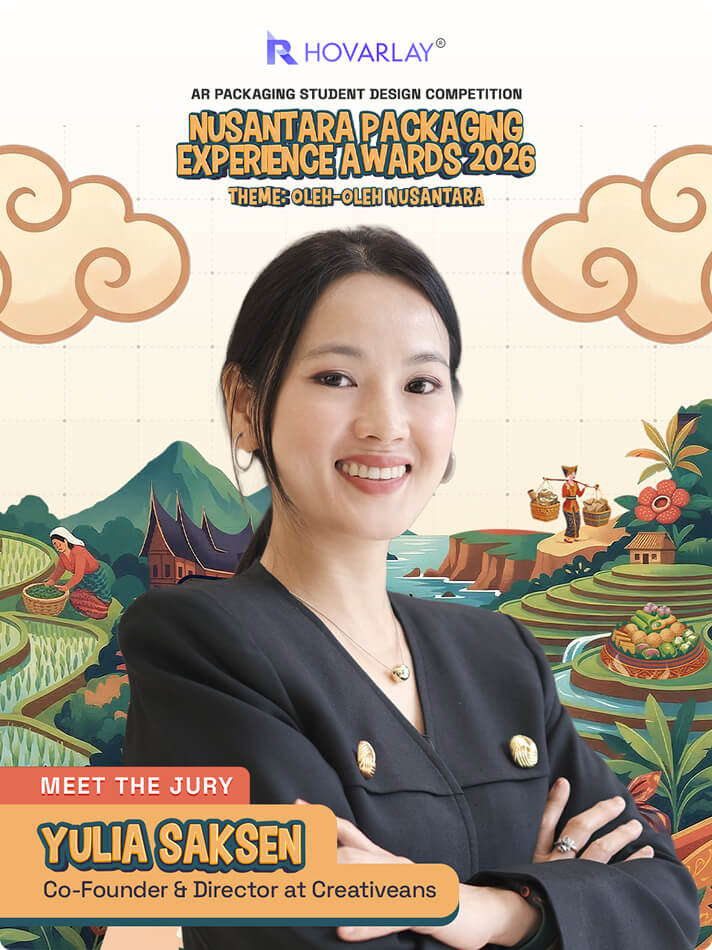 Portrait of Yulia Saksen, Co-Founder & Director at Creativeans, smiling in front of the Nusantara Packaging Experience Awards 2026 backdrop (Meet the Jury).