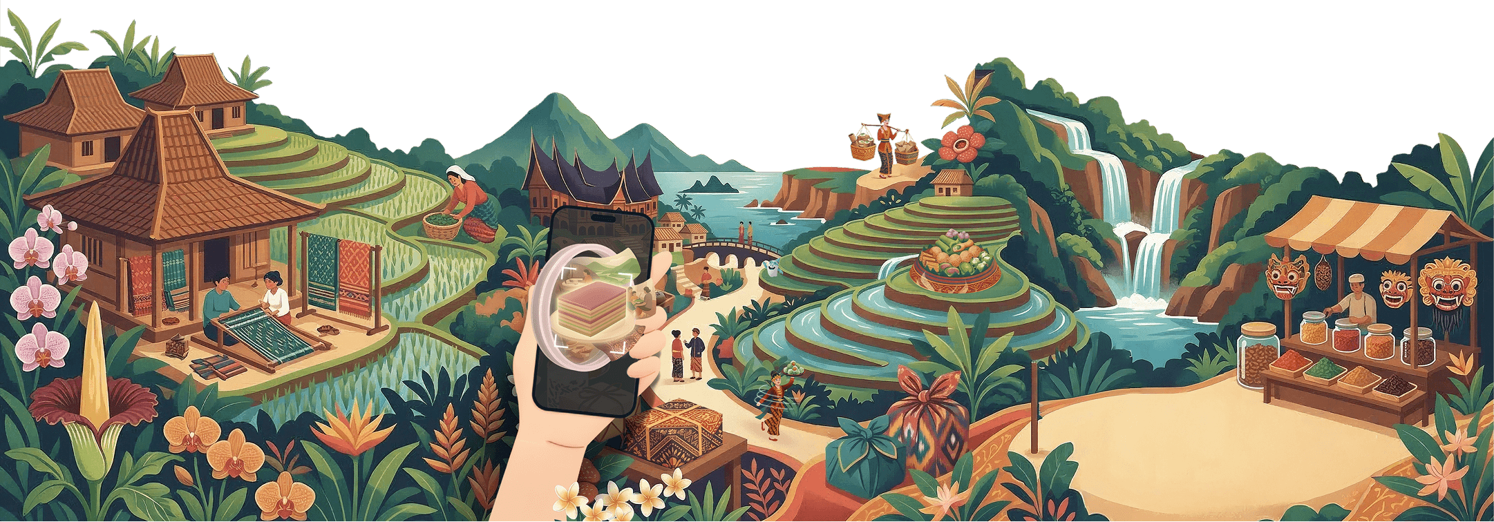 Colorful tropical hillside village with terraced rice fields, huts, a market, waterfalls, and people at work, viewed through a smartphone magnifier.