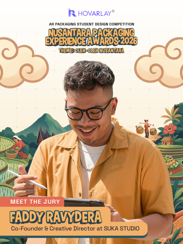Poster for Nusantara Packaging Experience Awards 2026 featuring FADDY RAVYDERA, Co-Founder & Creative Director at Suka Studio, with a 'Meet the Jury' banner.