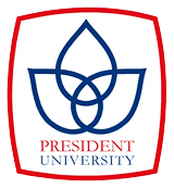 President University logo: blue stylized lotus emblem inside a red shield with the text 'PRESIDENT UNIVERSITY'