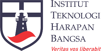 Logo of Institut Teknologi Harapan Bangsa: shield emblem with a lighthouse and red wave, next to blue text of the institute name and the motto 'Veritas vos liberabit' in red.