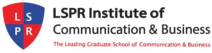 LSPR Institute of Communication & Business logo: shield emblem with red/blue quadrants and the school name with the red tagline beneath.