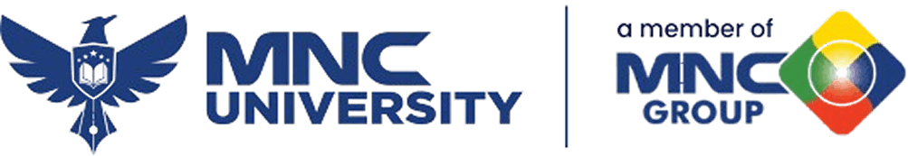 Banner with MNC University logo (blue eagle) on the left, 'MNC University' text, a vertical divider, and 'a member of MNC Group' with a colorful diamond emblem.