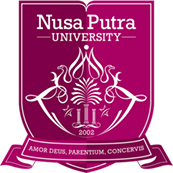 Nusa Putra University shield logo in magenta, featuring a decorative crest and a year 2002 inscription with a motto ribbon at the bottom.