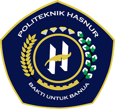 Seal of Politeknik Hasnur: blue shield with gold border, central H motif, laurel on the left, green leaves on the right, and the words POLITEKNIK HASNUR and BAKTI UNTUK BANYA around the edge.