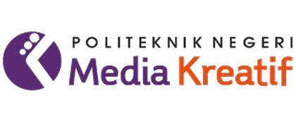 Politeknik Negeri Media Kreatif logo with a purple emblem and the words Media Kreatif in purple and orange.