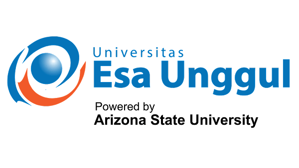 Universitas Esa Unggul logo: blue circular emblem with orange arc and blue globe, plus the blue text 'Universitas Esa Unggul'