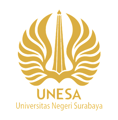 UNESA logo: gold emblem with wings enclosing a central vertical spire and the text 'UNESA Universitas Negeri Surabaya' beneath.