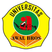 Logo of Universitas Awal Bros: yellow shield with a green center, red initials, and a ribbon reading AWAL BROS.