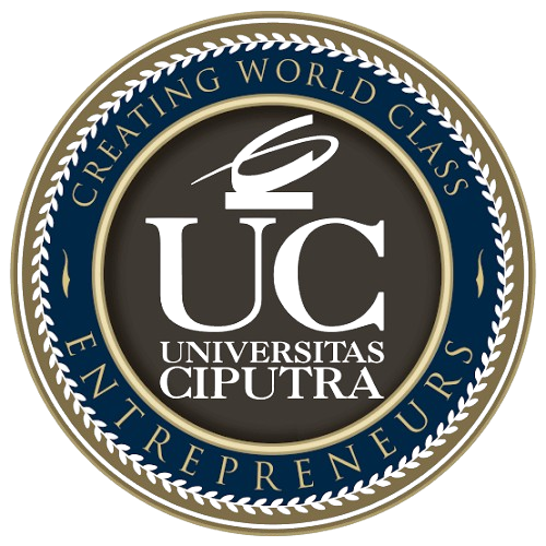 Circular seal for Universitas Ciputra: dark center with 'UC' and 'UNIVERSITAS CIPUTRA'; blue outer ring reads 'CREATING WORLD CLASS ENTREPRENEURS'.