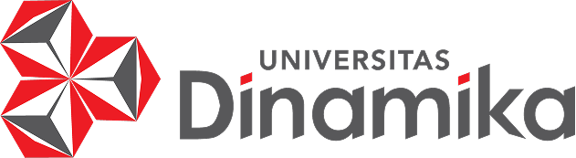 Universitas Dinamika logo with a red geometric icon on the left and gray wordmark on the right.