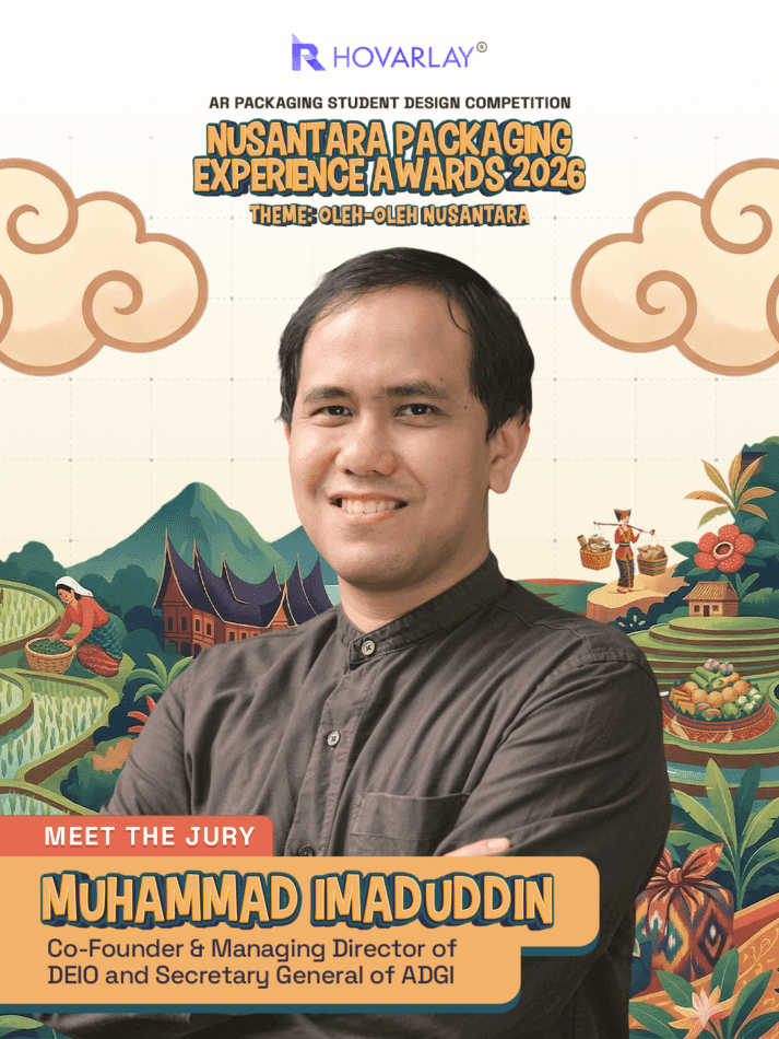 Portrait of Muhammad Imaduddin, Co-Founder & Managing Director of DEIO and Secretary General of ADGI (Asosiasi Desainer Grafis Indonesia), on a Nusantara Packaging Experience Awards 2026 poster with decorative clouds and illustrated landscape in the background.