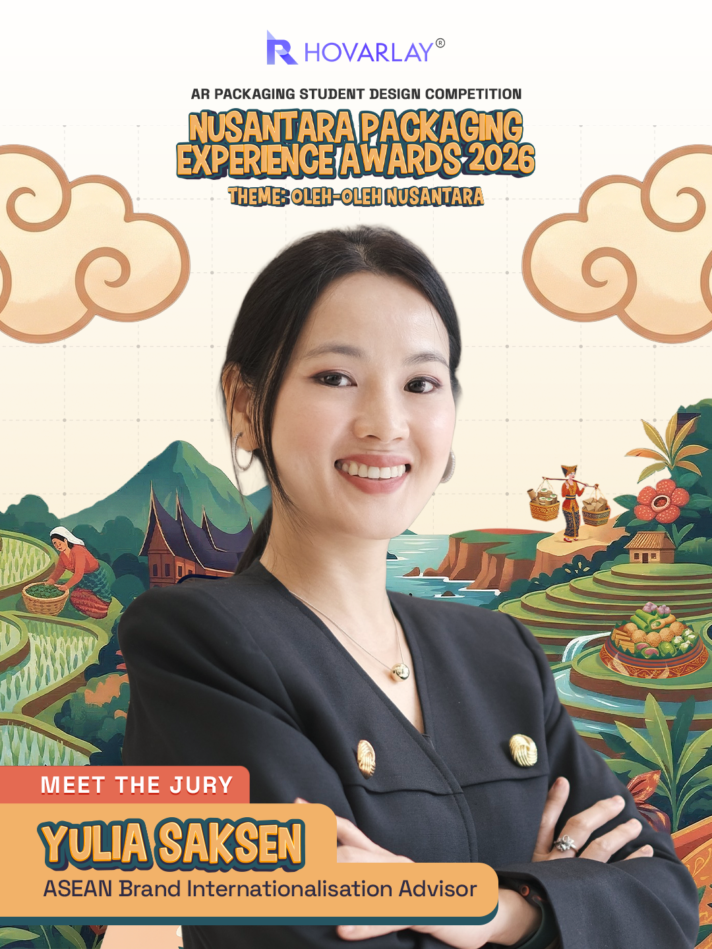 Portrait of Yulia Saksen, ASEAN Brand Internationalisation Adviser, with a 'Meet the Jury' banner against Nusantara Packaging Experience Awards 2026 backdrop.