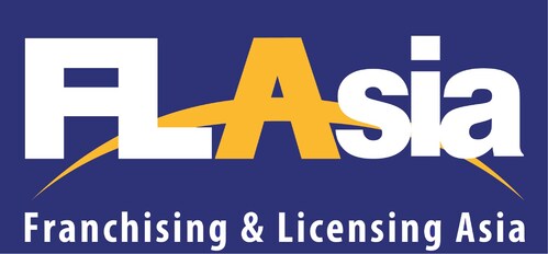FLAsia logo: bold white 'FLAsia' with orange 'A' and curved swoosh on a blue background, plus the subtitle 'Franchising & Licensing Asia'.