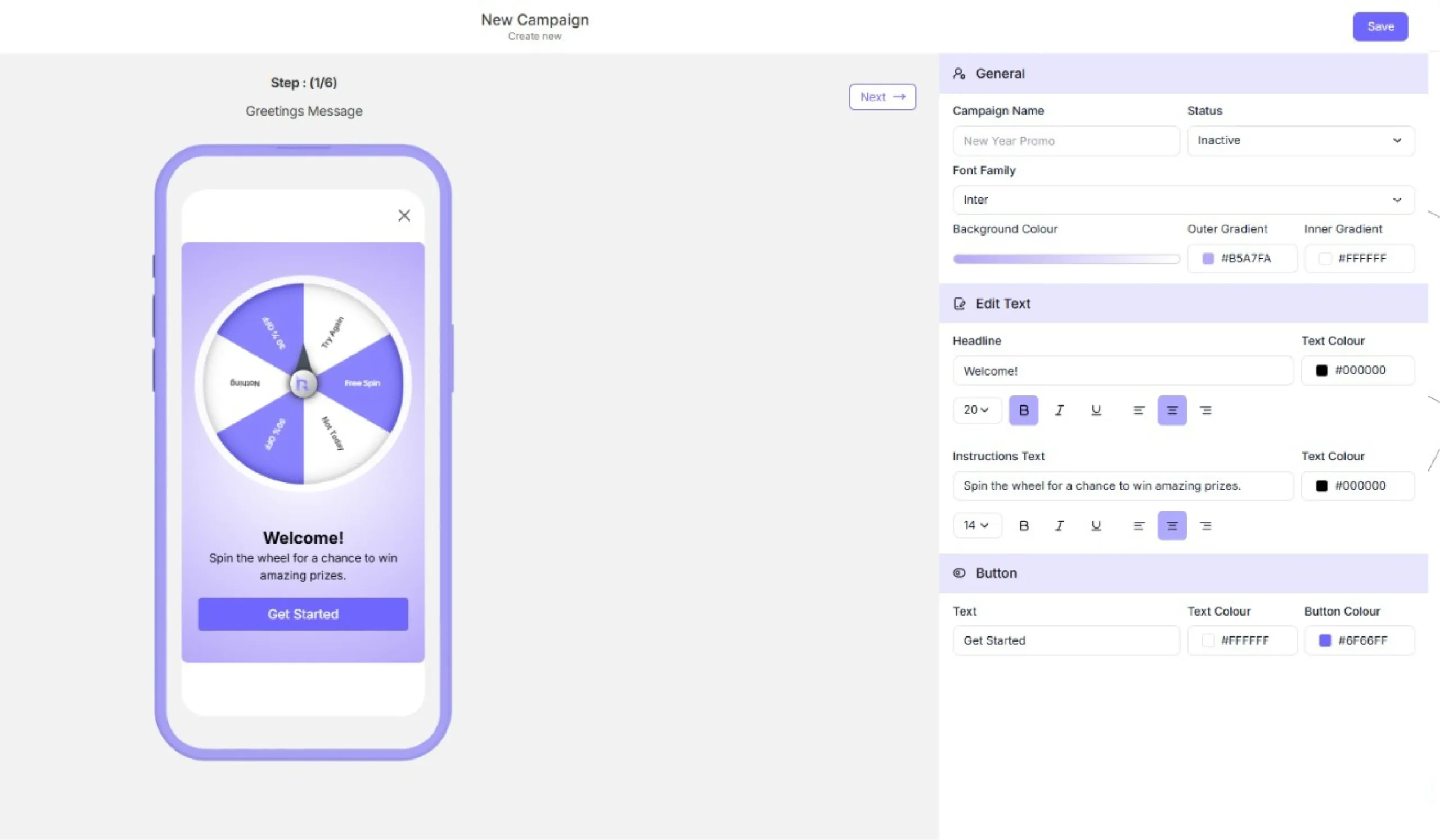 Mobile phone mockup showing a purple spinner wheel with a Welcome message and a Get Started button on a campaign setup screen.