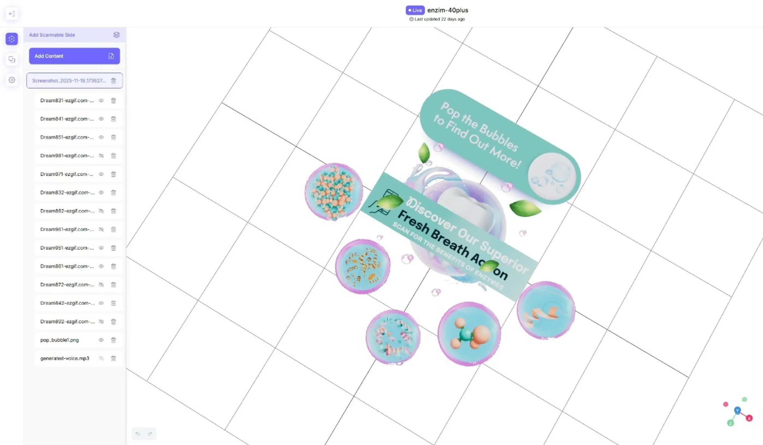 Design workspace showing a rotated teal marketing banner for a bubble-themed product, with circular bubble images and a left panel of tools and layers.