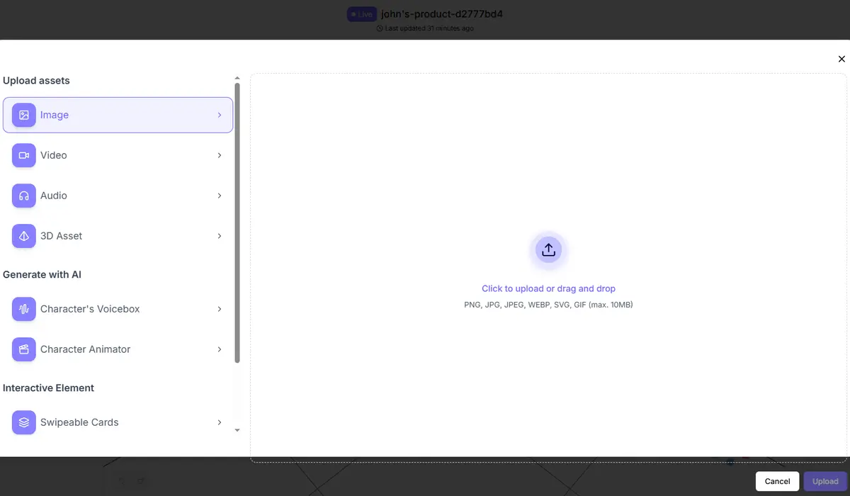 Asset uploader modal: left menu with Image, Video, Audio, 3D Asset and AI tools; right pane is a white drop zone with a purple upload button