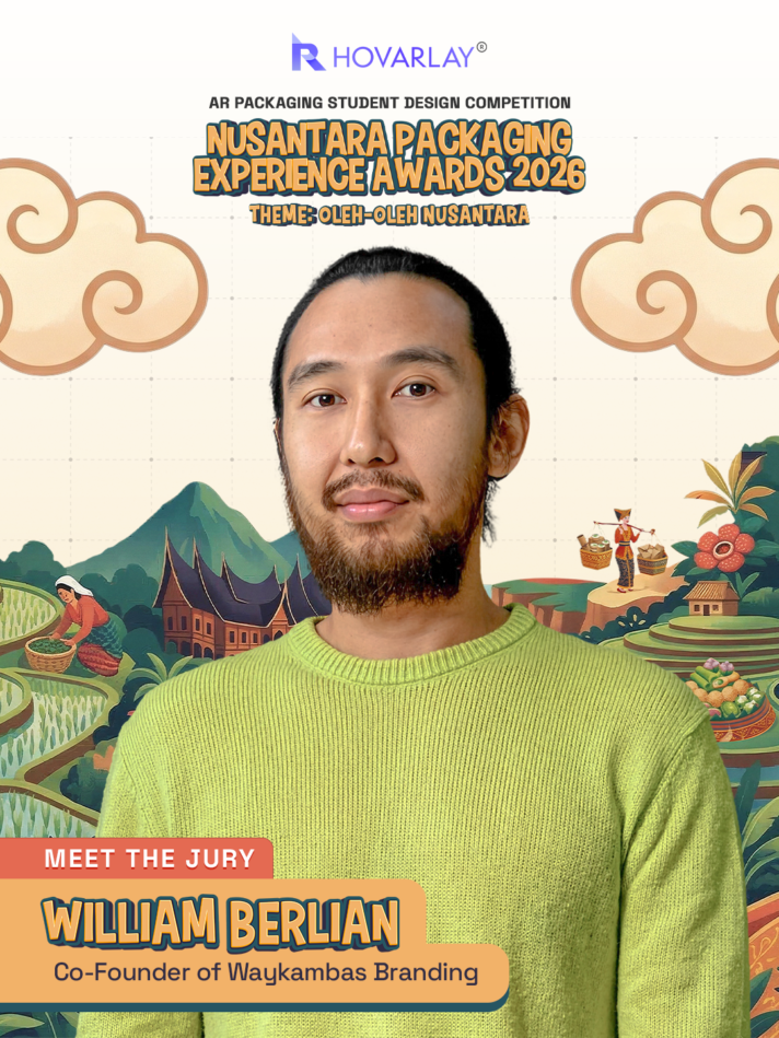 Portrait of William Berlian, Co-Founder of Waykambas Branding, on a Nusantara Packaging Experience Awards 2026 poster with decorative clouds and illustrated landscape in the background.
