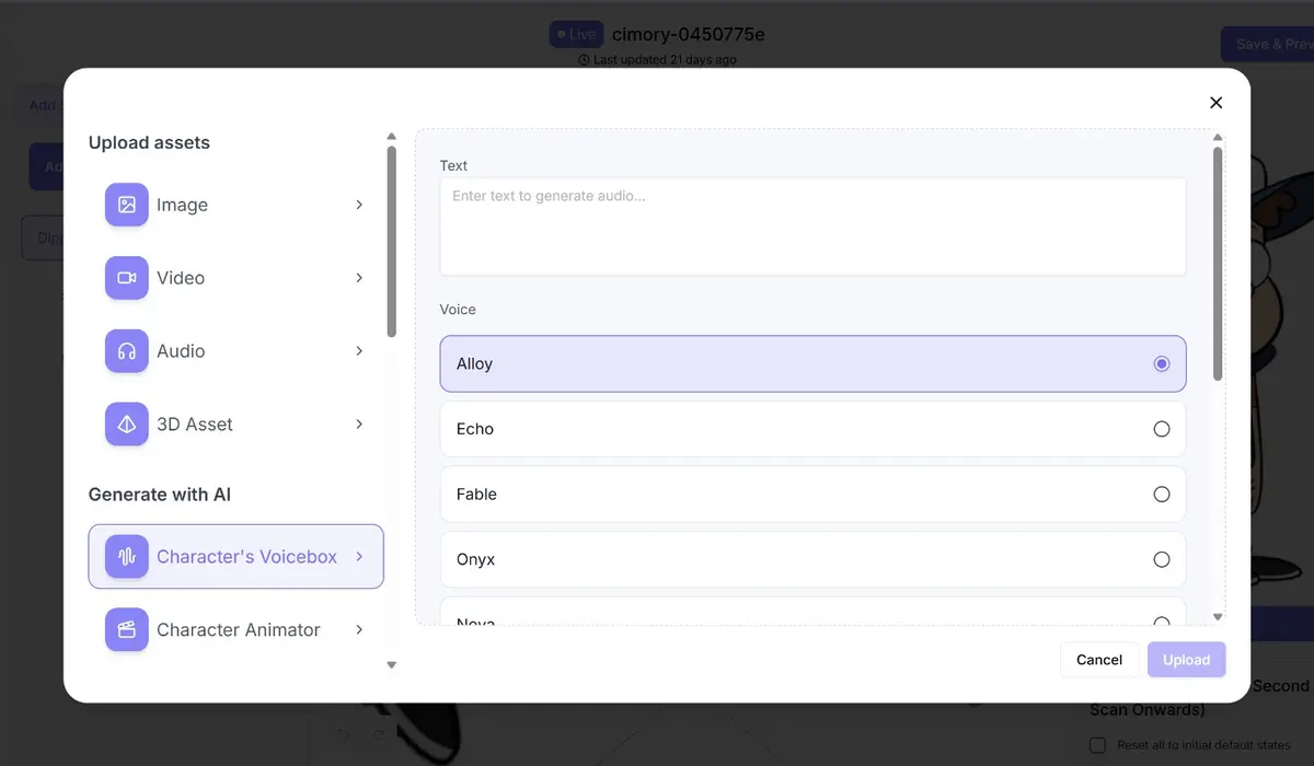 Asset uploader modal: left menu with Image, Video, Audio, 3D Asset and AI tools