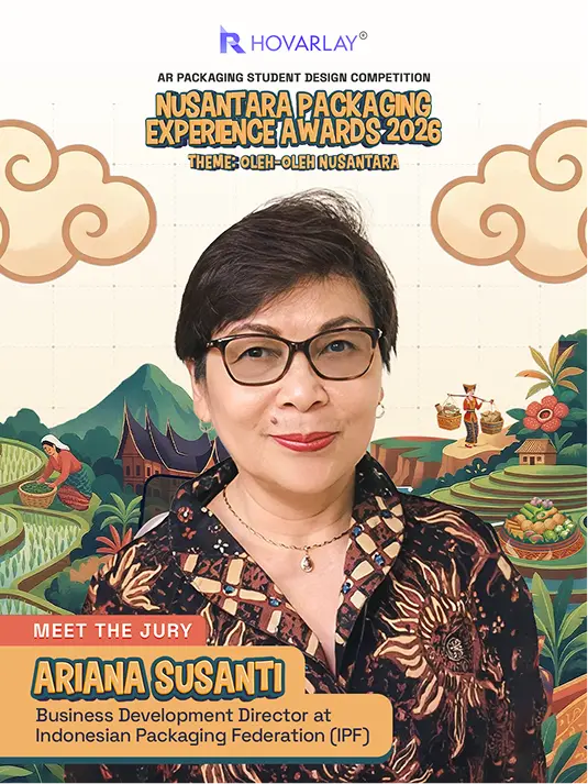 Portrait of Ariana Susanti wearing glasses in front of a Nusantara Packaging Experience Awards 2026 backdrop; caption reads 'Meet the Jury' and 'Ariana Susanti, Business Development Director at IPF'.