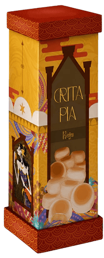 Decorative tall cookie packaging box in red and gold with a black label and round cookies on the front image area.