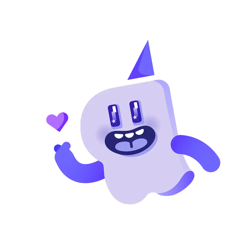 Friendly purple cartoon square creature with a party hat, smiling and waving with a small heart nearby.