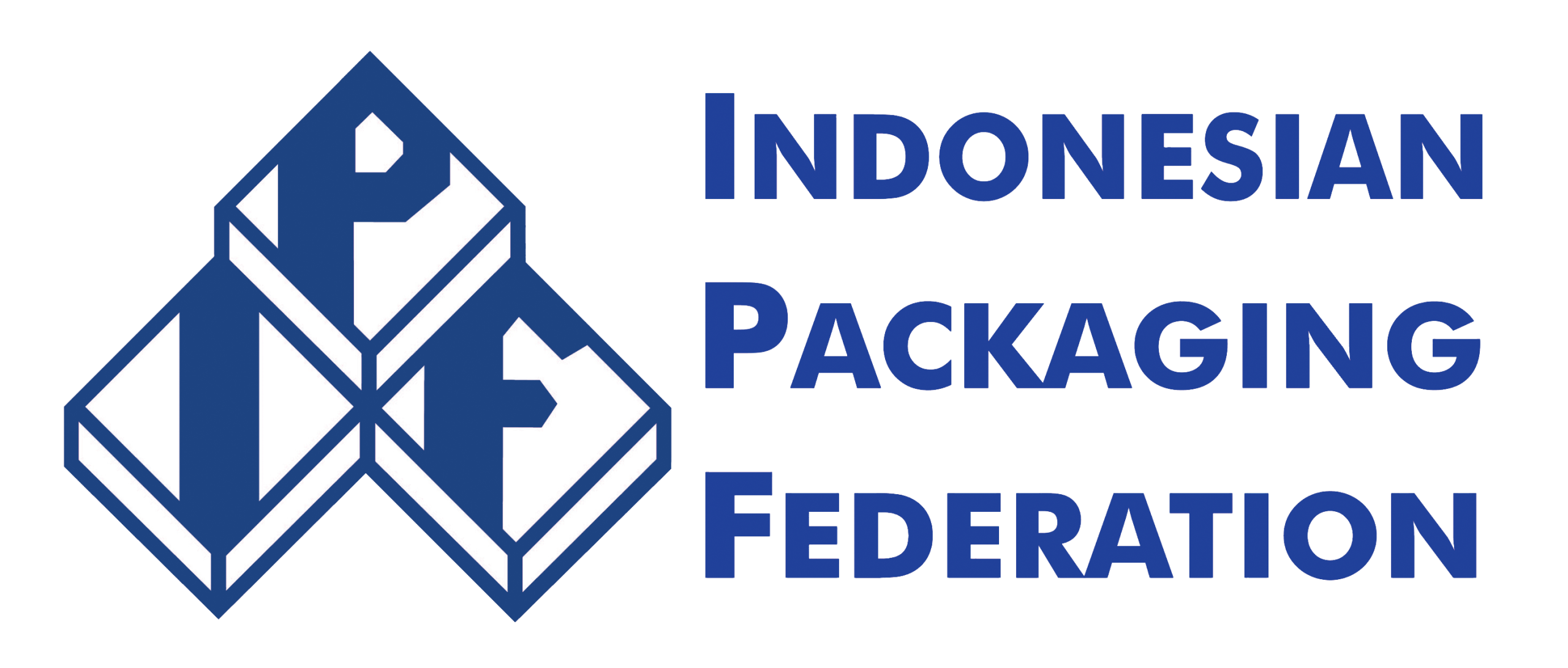 Logo for Indonesian Packaging Federation with blue geometric cubes and bold text on the right of the emblem.