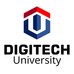 LOGO_Digitech_University | HOVARLAY DIGITECH University logo: a blue hexagon emblem with red chevrons above, paired with bold 'DIGITECH University' text beneath.