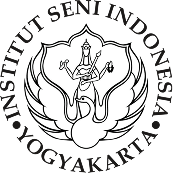 Logo of Institut Seni Indonesia Yogyakarta: a white emblem with a seated figure on a lotus, flanked by wings, surrounded by a circular border bearing the institution name.