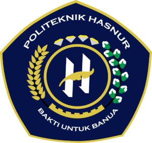 LOGO_Politeknik-Hasnur | HOVARLAY Official crest of Politeknik Hasnur featuring a blue field, gold border, laurel on the left, cotton on the right, and a central H emblem in gold/white.