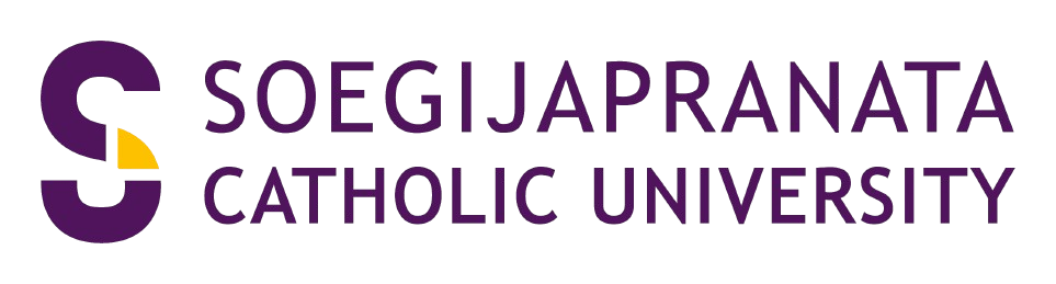 Logo for Soegijapranata Catholic University featuring a purple stylized S emblem with a yellow highlight and the university name