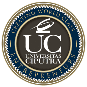 LOGO_Universitas-Ciputra | HOVARLAY Circular university seal for Universitas Ciputra with motto 'Creating World Class Entrepreneurs' in a blue ring around a dark center.