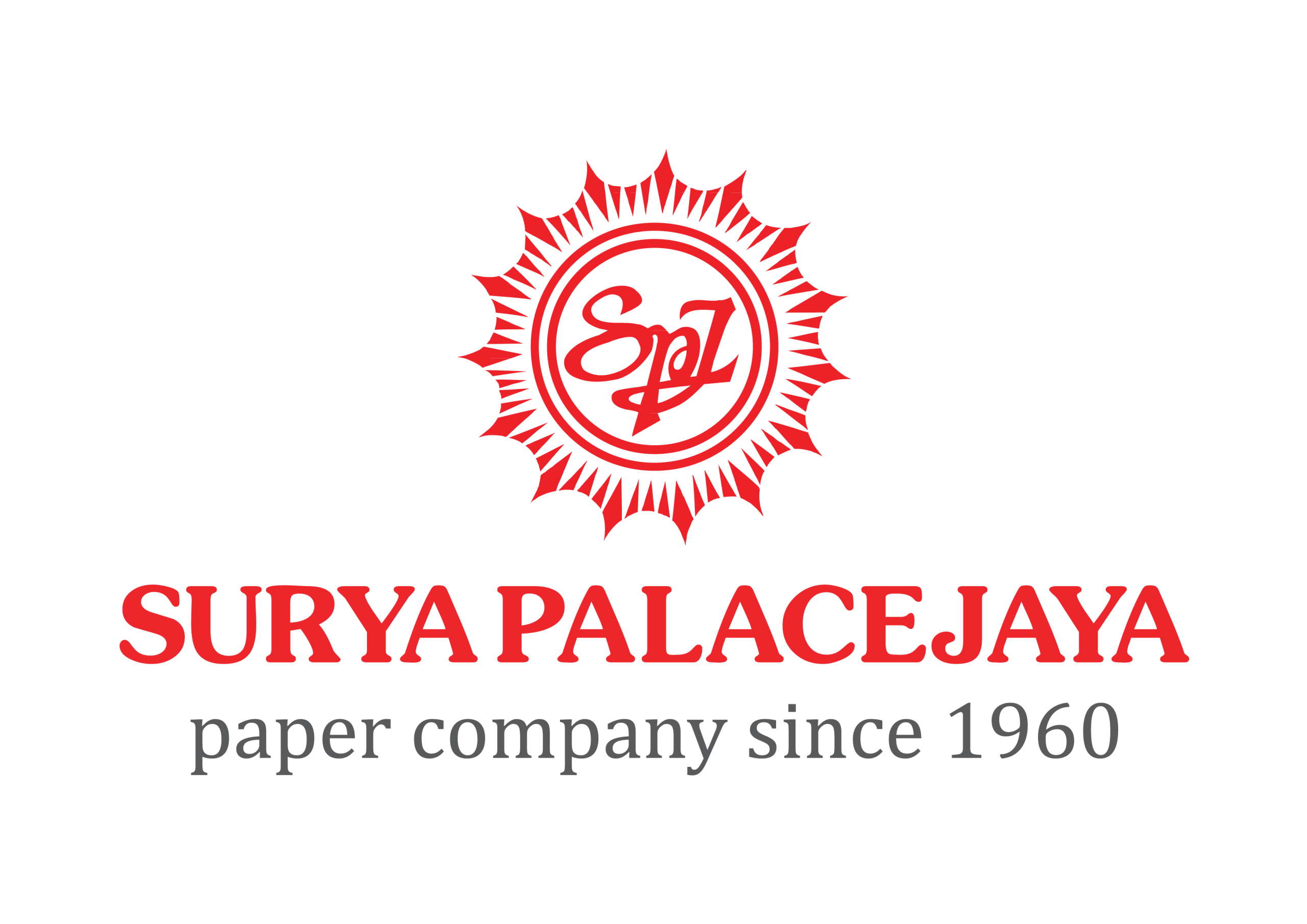 Red sunburst badge with a circular center containing stylized initials, and the name SURYA PALACE JAYA in bold red beneath on a black background.