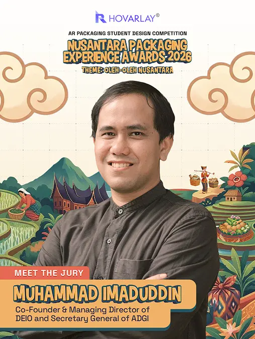 Portrait of Muhammad Imaduddin, a juror for the Nusantara Packaging Awards 2026, standing in front of a tropical-themed poster with the event branding.