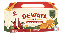 Dewata pie box packaging with tropical illustration, orange slices, and a slice of pie on the front.