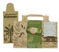 Set of eco-friendly tea packaging boxes with botanical illustrations in brown, beige, and green, arranged upright.