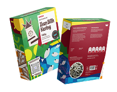 Two colorful product boxes with abstract geometric patterns; one box shows a white label with the product name, the other displays back panel with a circular emblem.