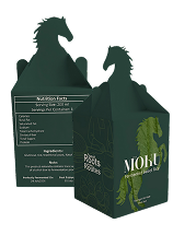 Two dark green product boxes with horse silhouettes and a geometric leaf pattern on the packaging.