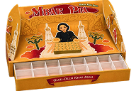 Orange pizza box lid with a cartoon illustration of a woman in a hijab serving pizza, brand lettering at the top.