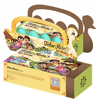 Colorful snack box with cartoon characters and multiple small packets showing, a handle on top for carrying.